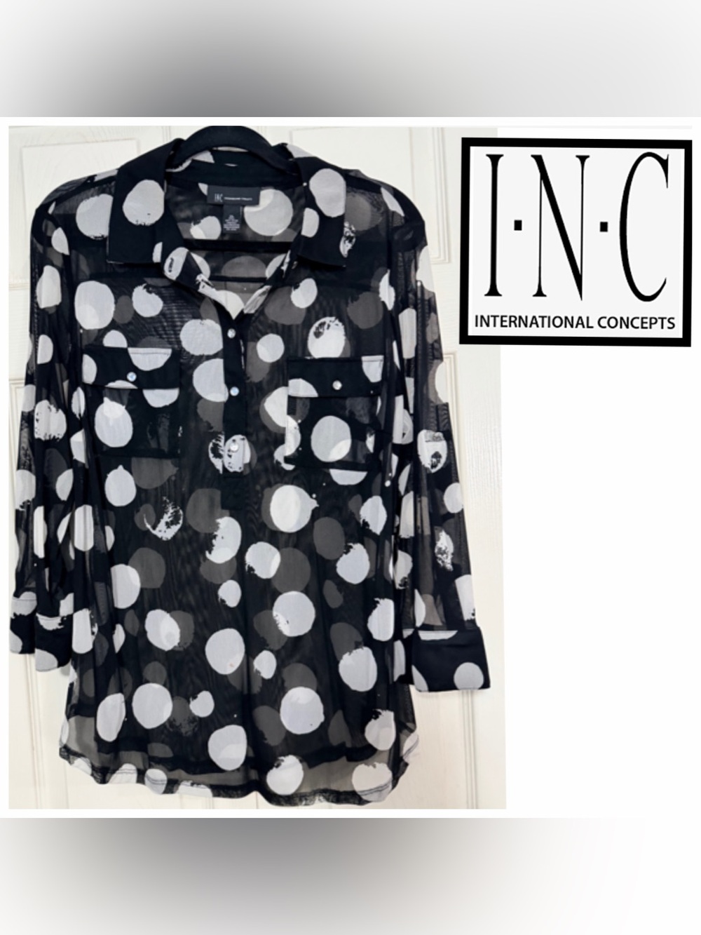 INC International Concepts Black Sheer Blouse with White Polka Dots